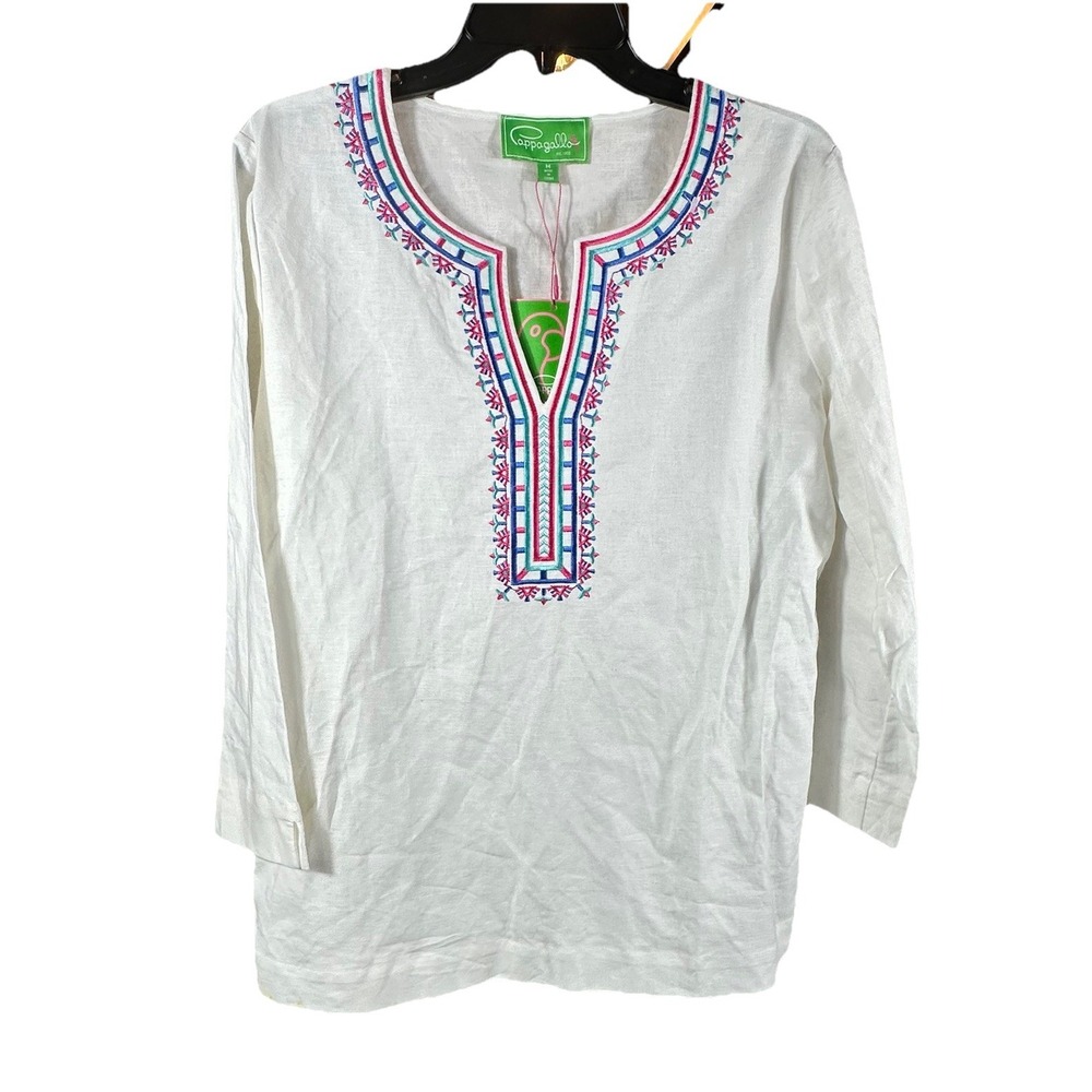 Pappagallo‎ White Embroidered Womens Tunic Top  Medium Linen 3/4 Sleeve New* - Picture 12 of 13